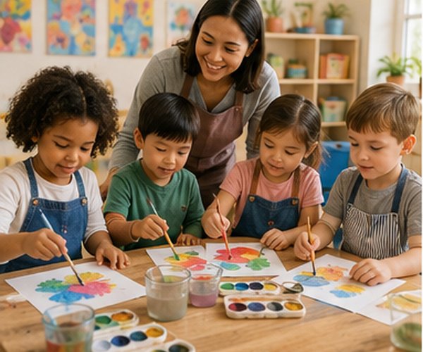 Children doing art with their teacher at Marietta Academy