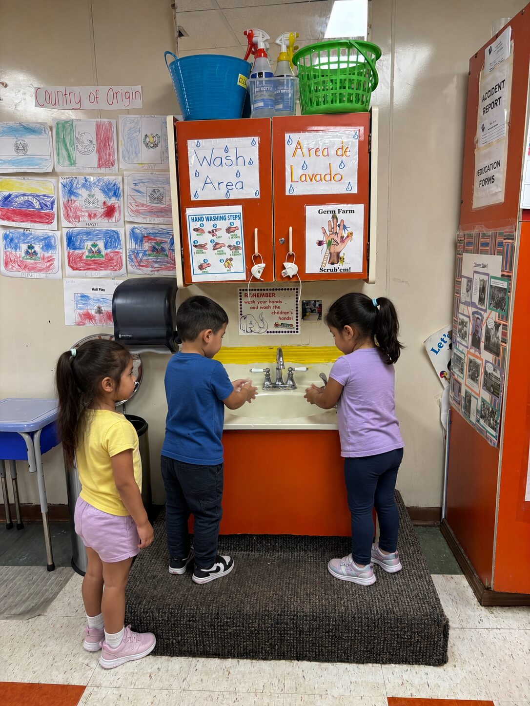 Pre-K students washing hands at the bilingual Wash Area at Marietta Academy